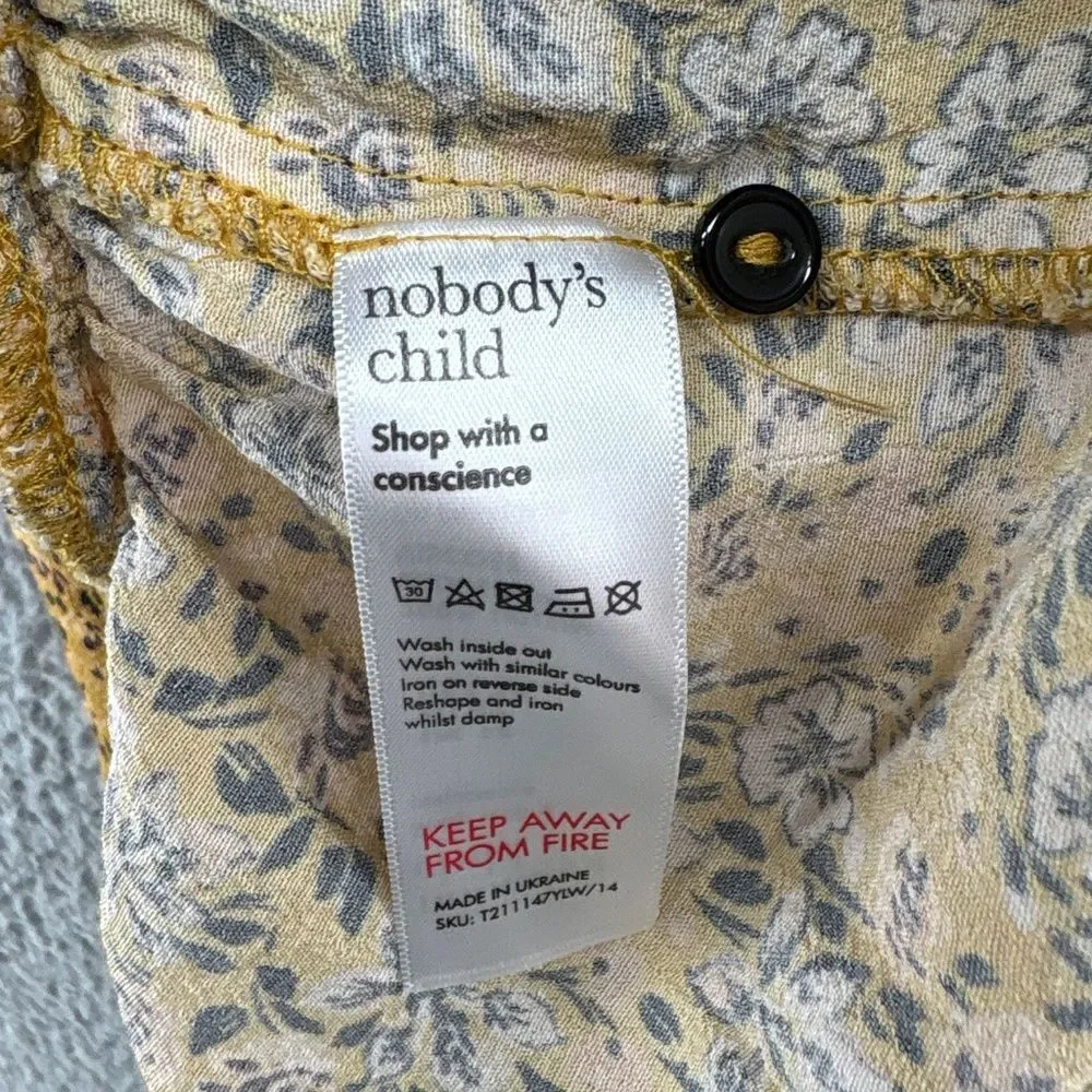 Nobody’s Child Mustard Floral Ruffle Mock Neck Peplum Blouse Long Sleeve Size 10